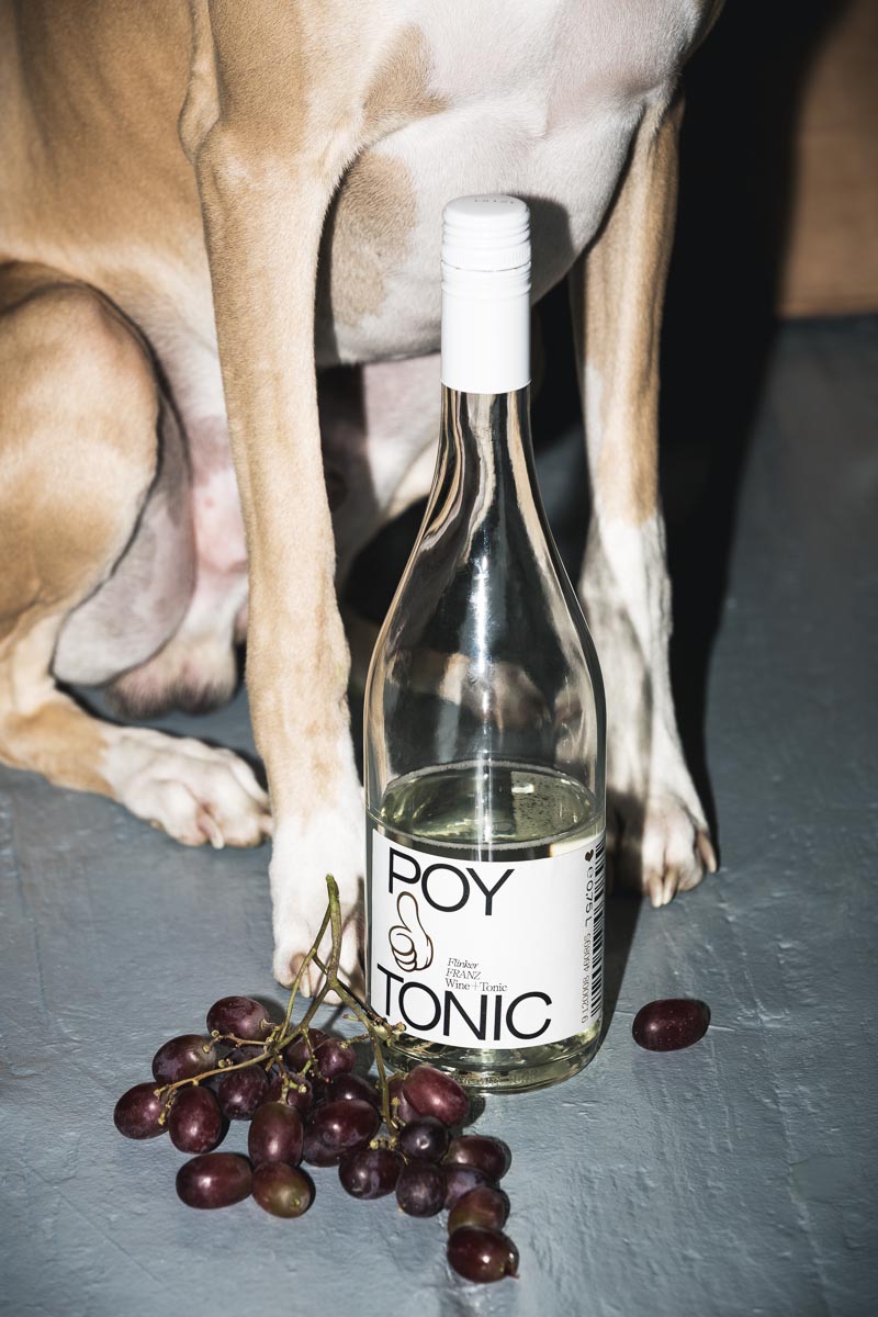 Eine Flasche des Getränks Poytonic bei einem Fotoshooting mit Produktfotograf Clemens Schneider aus Wien mit eine Hund und Weintrauben